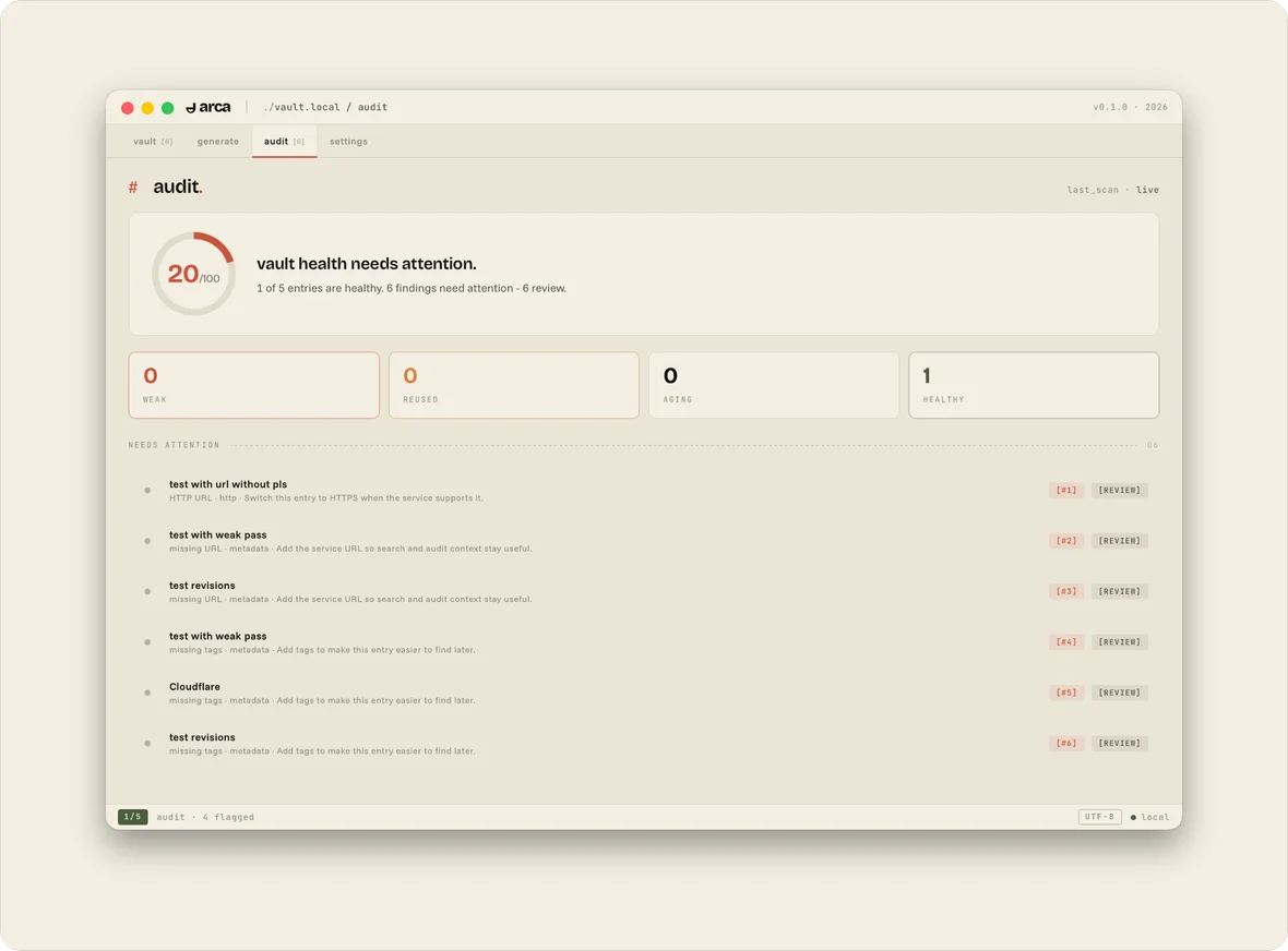 Arca audit screen