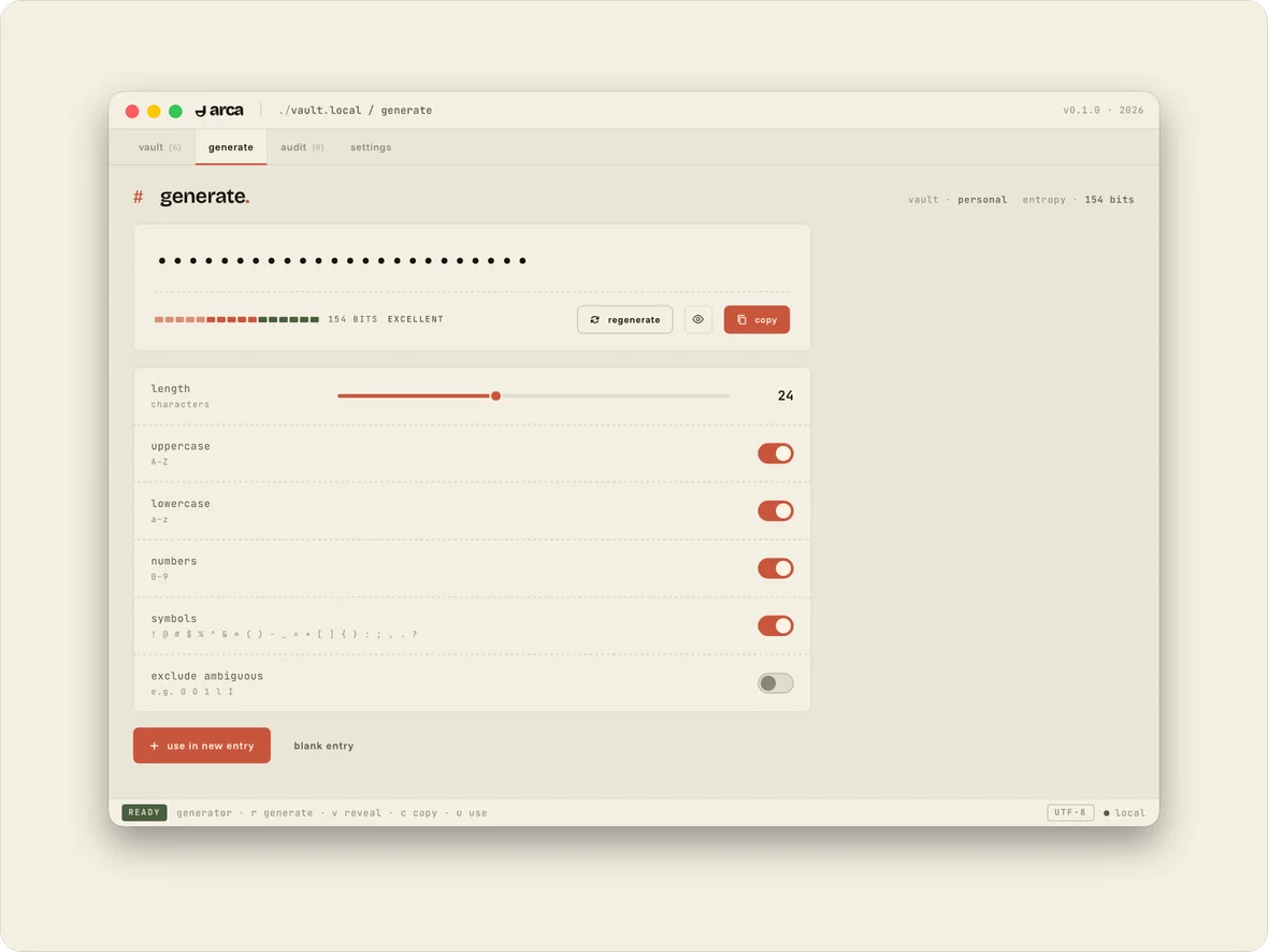 Arca password generator in the macOS app